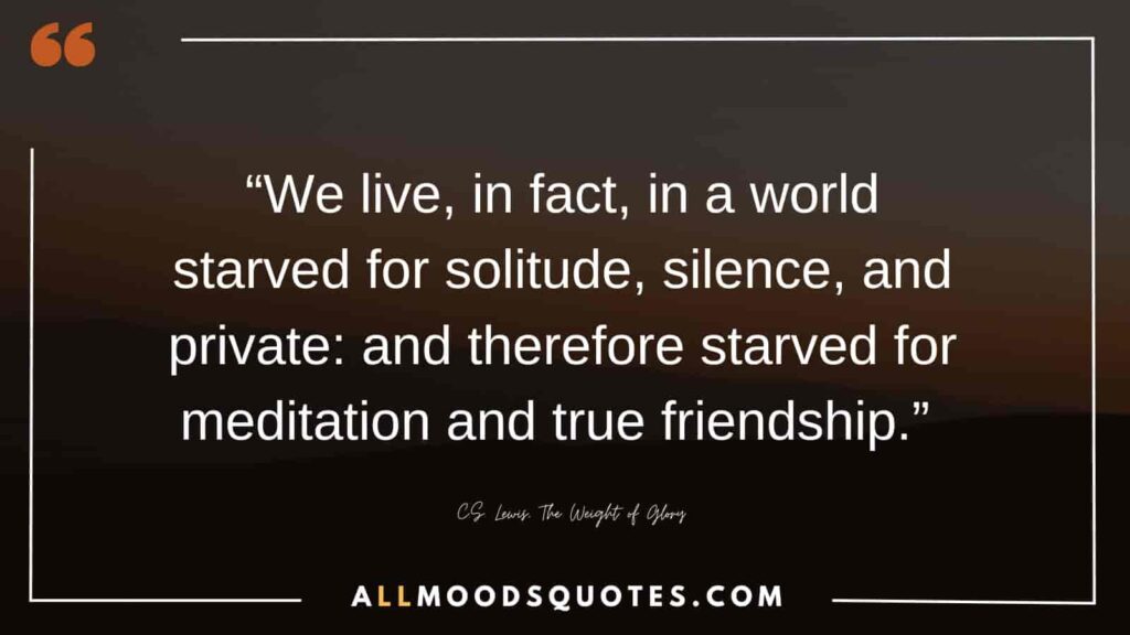 “We live, in fact, in a world starved for solitude, silence, and private: and therefore starved for meditation and true friendship.” ― C.S. Lewis, The Weight of Glory