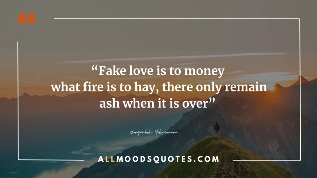 Fake love is to money what fire is to hay, there only remain ash when it is over ― Bangambiki Habyarimana